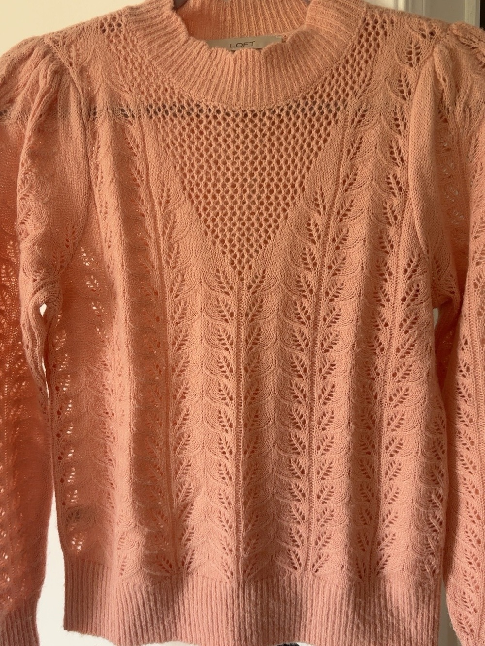 LOFT Peach Pointelle Open Knit Puff Sleeve Sweater XS - Picture 3 of 6